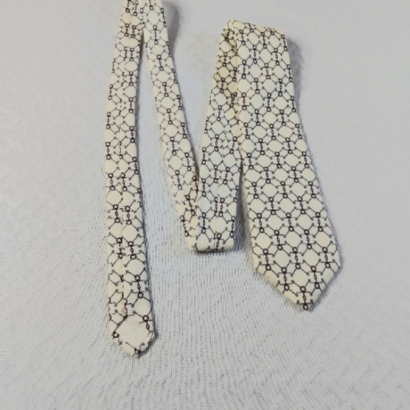 Yves Saint Laurent men's tie cream color base w/geometric burgundy gray - Picture 2 of 5